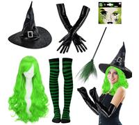 DOWNDRIFT 6 pezzi costume da strega da donna, costume da strega, accessorio per costume da strega, guanti da strega verde, parrucca a righe, scopa magica per carnevale, costume da strega
