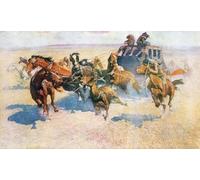 Downing the High Header. Dopo un'opera dell'artista americano Frederic Sackrider Remington 1861 1909. Uomini sulla diligenza cercano di combattere l'attacco indiano. Un indiano cerca di uccidere il