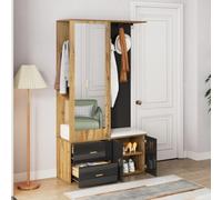 dowowdo Armadio da corridoio con specchio e scarpiera, in legno nero, con asta estensibile, cassetti e ganci, 100 x 180 x 38 cm