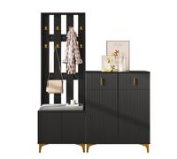 dowowdo Set appendiabiti con scarpiera e panchina, appendiabiti da corridoio, nero oro, lato anteriore a onde push-open con ganci e cassetti, set da 2 pezzi