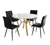 dowowdo Tavolo da pranzo rotondo con 4 sedie, tavolo rotondo in marmo con base a X dorata e piastra bianca, 4 sedie in velluto nero come elegante set da pranzo in oro nero per cucina e sala da pranzo
