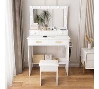 dowowdo Tavolo da toeletta con illuminazione a LED a 3 livelli e presa di corrente, incluso sgabello, 4 cassetti, bianco, 80 x 40 x 137 cm, moderno tavolo da condimento