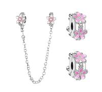 Doyafer 925 Sterling Silver Clips Charms Safety Chain Set Pink Flower Clip Bead Chain Charms Per Bracciali Donne Perline Amici Regalo di famiglia