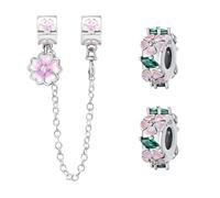 Doyafer 925 Sterling Silver Stopper Floewr Charms Safety Chain Set Fiore rosa Silicone Bead Chain Charms Per Bracciali Donne Perline Amici Regalo di famiglia