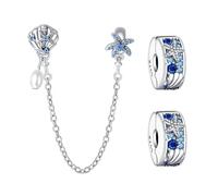 Doyafer 925 Sterling Silver Summer Ocean Clips Charms Safety Chain Set Shell Starfish Clip Bead Chain Charms Per Bracciali Donne Perline Amici Regalo Di Famiglia
