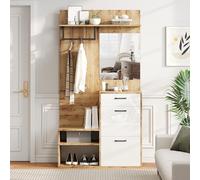 Doyisy 100 x 38,5 x 190 cm, set di armadi con specchio, scarpiera, corridoio, armadio pensile, armadio compatto, con 1 cassetto e 2 armadi, bianco + colore legno originale