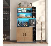 Doyisy 100 x 47 x 187 cm, armadio da cucina, buffet con illuminazione a LED e fori per cavi, tavolo da cucina in legno, ripiani laterali regolabili in altezza (grigio e naturale)