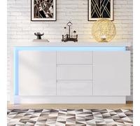 Doyisy 140 x 35 x 72 cm, credenza per camera da letto, soggiorno, tavolino con 3 cassetti, armadio con ripiani regolabili e 2 ante, lucido con LED, bianco