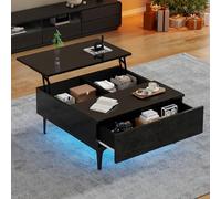 Doyisy 70 x 70 x 35 cm, tavolino da caffè regolabile in altezza, con spazio nascosto e ripiani, lucido, tavolo da soggiorno, scrivania con LED, divano con cassetti (nero)