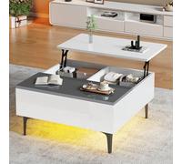 Doyisy 70 x 70 x 35 cm, tavolino da caffè regolabile in altezza, con spazio nascosto e ripiani, lucido, tavolo da soggiorno, scrivania con LED, divano con cassetti (bianco)