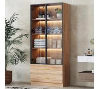 Doyisy Armadietto da bagno, medio, con barra luminosa, larghezza 75 cm, con 2 cassetti grandi e 2 ante, porta in vetro (marrone)
