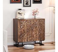 Doyisy Credenza 80 × 40 × 78 cm - Serie Foglia Poesia - Effetto noce scuro con rilievo - gambe in metallo, 2 cassetti e 2 ante - Credenza senza maniglie per soggiorno e sala da pranzo