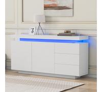 Doyisy Credenza moderna per soggiorno e soggiorno, mobile a 2 ante, 3 cassetti, con luce LED, senza maniglia, 140 x 35 x 72,5 cm, colore bianco