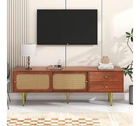 Doyisy Elegante supporto per TV con ante scorrevoli in rattan e pratici cassetti, noce con rattan di plastica scuro, 2 cassetti, 2 ante scorrevoli, 4 scomparti per la conservazione, 160 x 40 x 60 cm