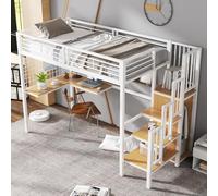 Doyisy Letto a castello, 90 x 200 cm, letto a soppalco, adatto per bambini e ragazzi, con tavolo e armadio, scala laterale con corrimano, ferro e truciolato (bianco+naturale)