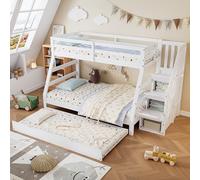 Doyisy Letto a castello con letto a rotelle, culla con cabinet e corrimano, con griglia di protezione contro le cadute su tutti i lati, pino+MDF, bianco, 90 x 190 cm, letto a rotelle, 90 x 120 x 200