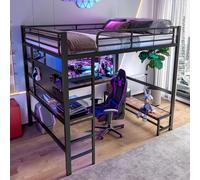 Doyisy Letto a soppalco, 140 x 200 cm, telaio in ferro, scrivania, ringhiera, scaletta, più ripiani, con presa USB+Type-C, con striscia LED, con bordo forato, senza materasso, nero