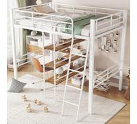 Doyisy Letto a soppalco, 90 x 200 cm, senza materasso, letto con scrivania, più ripiani, ringhiere, scala, telaio in ferro (bianco)