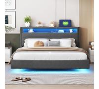 Doyisy Letto imbottito 160 x 200 cm con presa USB e luce a LED, testiera reversibile, poggiapiedi nascosto, letto doppio, letto per ragazzi, letto per adulti, tessuto di lino grigio