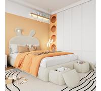 Doyisy Letto imbottito, letto matrimoniale, letto idraulico, orecchie di coniglio con luminosità regolabile, strisce luminose color caldo, spazio sotto il letto, con due sgabelli, velluto, beige, 140