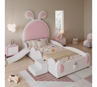 Doyisy Letto imbottito, letto singolo con piccola scala e scivolo per bambini, testiera con orecchie di coniglio, culla con doghe in legno, PU, bianco+rosa, 90 x 200 cm