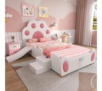 Doyisy Letto imbottito, letto singolo, lettino, testiera a forma di una zampa di gatto, con uno scivolo per bambini e una scala a due livelli, superficie in poliuretano, bianco e rosa, 90 x 200 cm