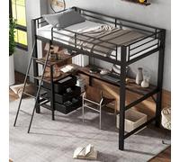 Doyisy Letto in ferro, letto a castello, adatto per bambini e adolescenti, tre cassetti, con tavolo lungo 2 m, scala inclinata a quattro livelli, ferro + truciolato, nero+noce scuro, 90 x 200 cm