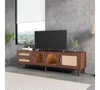 Doyisy Mobile TV marrone da 180 cm per TV da 80 pollici - con 2 cassetti in rattan, 2 ante in vetro a cupola e 1 porta in rattan, illuminazione a LED, offre una conservazione elegante, tavola TV