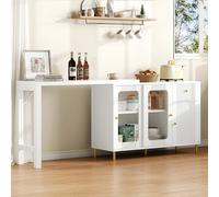 Doyisy Moderna credenza bianca a buffet con piano pieghevole ed estensibile, superficie girevole, gambe in metallo dorato, porte scorrevoli in vetro e motivo ondulato