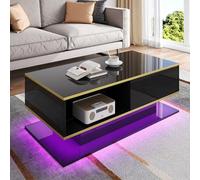 Doyisy Moderno tavolino da caffè a LED con superficie lucida, decorazione dorata, tre cassetti e uno scomparto aperto con striscia LED che cambia colore 110 x 55 x 40 cm (nero)