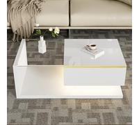 Doyisy Tavolino da caffè lungo 90 cm, bianco lucido, tavolini con vetro e effetto LED (bianco, 90 x 50 x 32,5 cm)