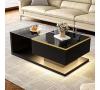 Doyisy Tavolino da caffè lungo 90 cm, nero lucido, tavolini con vetro e effetto LED (nero, 90 x 50 x 32,5 cm)