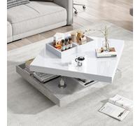 Doyisy Tavolino funzionale doppio con piano lucido, piano girevole a 360°, doppio piano girevole con ripiano, piano in truciolato color marmo bianco