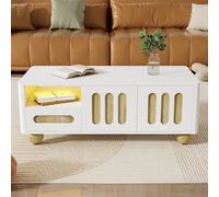 Doyisy Tavolino moderno 105 x 50 x 40 cm - Bianco e effetto legno con 4 ante, 2 cassetti e vano aperto, luce LED - angoli arrotondati, gambe del tavolo sferiche, spazio versatile