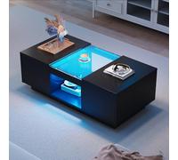 Doyisy Tavolino nero 100 x 50 x 35,5 cm, con rivestimento in vetro, illuminazione a LED, controllo app, 2 cassetti e 1 scomparto aperto