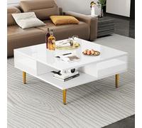 Doyisy Tavolino quadrato bianco lucido con due cassetti, due scomparti aperti e gambe dorate, 70 x 70 x 36 cm, portata fino a 30 kg