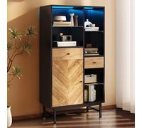 Doyisy Vetrina con striscia luminosa a LED a 12 colori, armadio da cucina con cassetti e ripiani in vetro, grana triangolare del legno, 80 x 40 x 150,5 cm