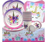 Doyomtoy 49pcs Unicorn Theme Birthday Party Tableware, Unicorn Party Supplies Paper Plate Set, Set incluso tovaglia Piatti Tazze Tovaglioli per Baby Shower, Matrimoni, Anniversario (16 ospiti)