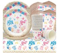 Doyomtoy Baby Shower Party Tableware,61Pezzi Blu e Rosa Gender Reveal Party Piatti,Tovagliolo di Carta,Tazza,Tovaglia,Baby Shower Gender Reveal Stoviglie,Boy or Girl Stoviglie - 20 persone