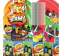 Doyomtoy Hero City di stoviglie da 20 People,Superhero Stoviglie Compleanno, Supereroe Party Set con Tovaglia, Piatti, Tovaglioli e Bicchieri di Carta per il Compleanno dei Bambini