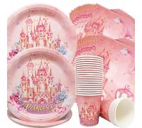 Doyomtoy Pink Princess Party Tableware,72 pezzi Set di Stoviglie per Compleanno per Bambini,Stoviglie per il castello della Principessa Rosa, Piatti,tovaglioli,bicchieri di carta per 24 ospiti