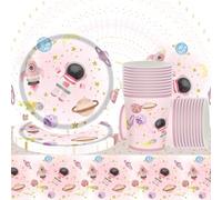 Doyomtoy Set di 61 stoviglie rosa per feste a tema spaziale, astronauta, decorazioni per feste spaziali per bambini, bicchieri di carta, piatti di carta, tovaglioli e tovaglia, per 20 ospiti.