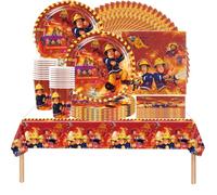 Doyomtoy Set di stoviglie per feste di compleanno a tema Sam il pompiere con 61 pezzi, piatti, bicchieri di carta, tovaglie, tovaglioli, stoviglie per feste Sam, per 20 persone