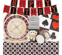Doyomtoy Stoviglie per feste di Casinò 62pcs Stoviglie per feste a Tema Casinò Decorazioni per feste di Las VegasFeste di compleanno per bambini Piatti per la cena Tovaglioli Tazze Tovaglie Bandiere