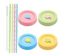 DOYUKY 4 Pezzi Coperchio per Barattoli di Vetro, Cannucce in Plastica e Tappi in Silicone, Coperchio a Vite con Cannuccia, Coperchi per Lattine per Bevande, per Barattoli di Vetro a Bocca Normale