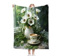 Dozrmey Coperta Pile Matrimoniale 220x240 Fiore Bianco, 3D Stampa Coperta Plaid di Flanella Letto Matrimoniale, Calda Copertina Multifunzionale per Divano o Letto, 220x240 cm C267