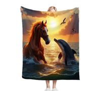 Dozrmey Coperta Plaid Matrimoniale 180x200 Cavallo con Delfino, Morbido Durevole Peluche Coperte Copriletti per Letto Divano Soggiorno, Termica Copridivano in Microfibra Morbida (180x200 cm) C62