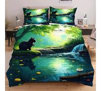 Dozrmey Copripiumino Una Piazza e Mezza 200x200 Gatto Vicino al Ruscello, Set di Biancheria da Letto in Microfibra, Copripiumini 200x200 cm con 2 Federe 50x80 cm per Bambini Adulti