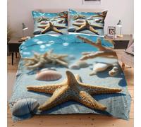 Dozrmey Copripiumino Una Piazza e Mezza 200x200 Stella Marina Sulla Spiaggia, Set di Biancheria da Letto in Microfibra, Copripiumini 200x200 cm con 2 Federe 50x80 cm per Bambini Adulti,A1