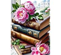 DPHERO Vintage Books Diamond Painting Kits for Beginners Adults,5D DIY Peonies Flowers Diamond Art Kits,Round Full Drill Gem Art Crafts,DIY Painting by Numbers for Home Wall Decor 12x16 inch